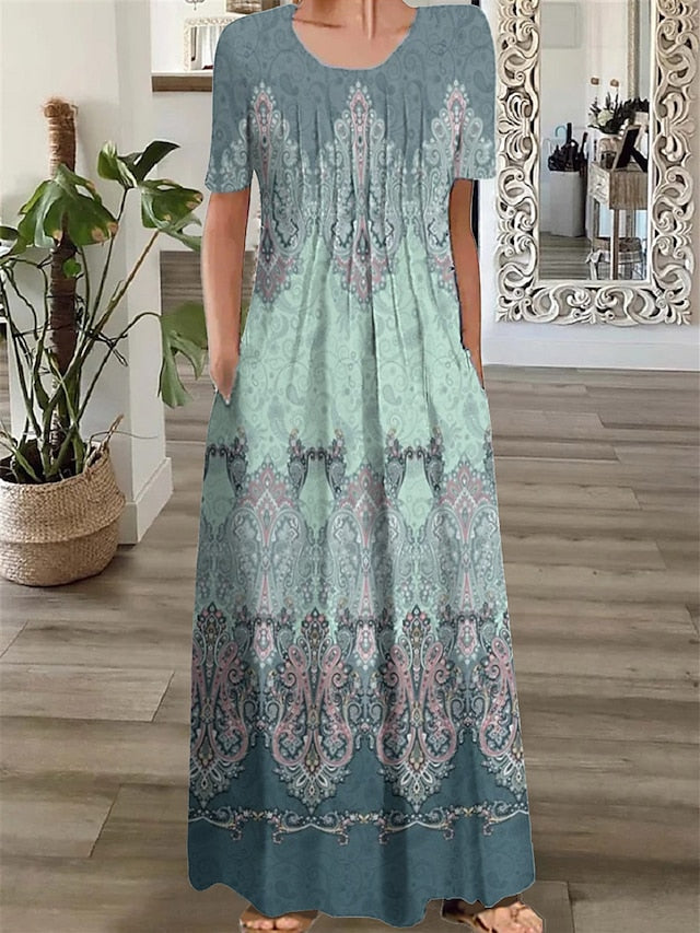 Women's Long Dress Maxi Dress Casual Dress Ethnic Dress A Line Dress Graphic Tribal Romantic Casual Holiday Vacation Weekend Ruched Pocket Short Sleeve Crew Neck Dress Regular Fit Pink Blue Dark Blue - LuckyFash™