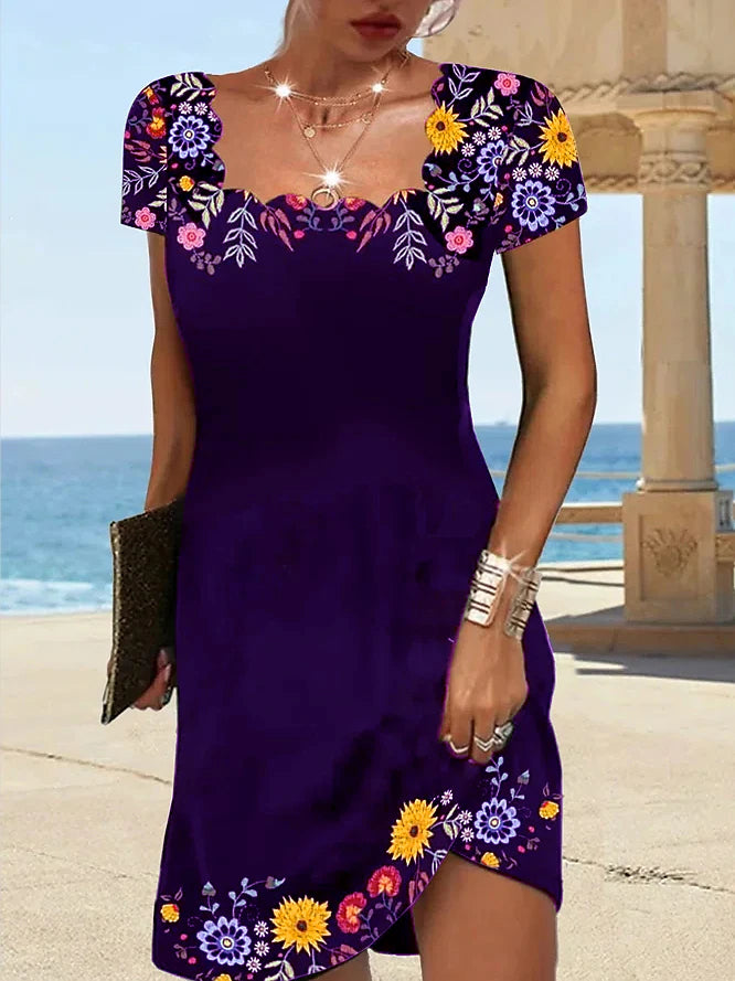 Women's Casual Dress Shift Dress Floral Ruched Print Square Neck Mini Dress Daily Vacation Short Sleeve Summer Spring