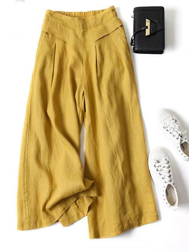 Women's Culottes Wide Leg Pants Trousers 100% Cotton Black White Yellow High Waist Casual Lounge Casual Daily Holiday Pocket Full Length Comfort Plain M L XL XXL 3XL - LuckyFash™