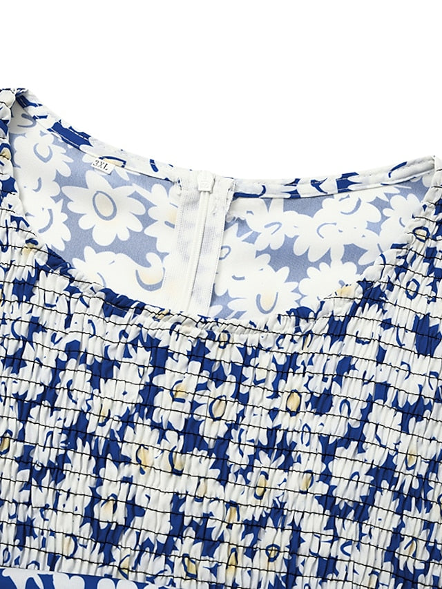 Women's Casual Dress Floral Dress Summer Dress Floral Ruched Pocket Crew Neck Midi Dress Fashion Modern Outdoor Daily Half Sleeve Regular Fit White Blue Green Summer Spring S M L XL XXL - LuckyFash™
