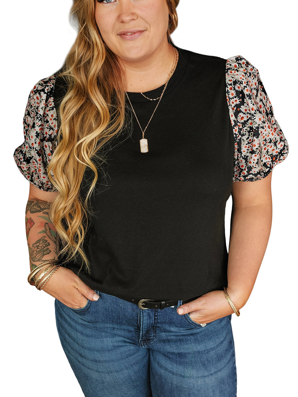 Elegant Black Daisy Bubble Sleeve Plus Size Floral Tunic Top