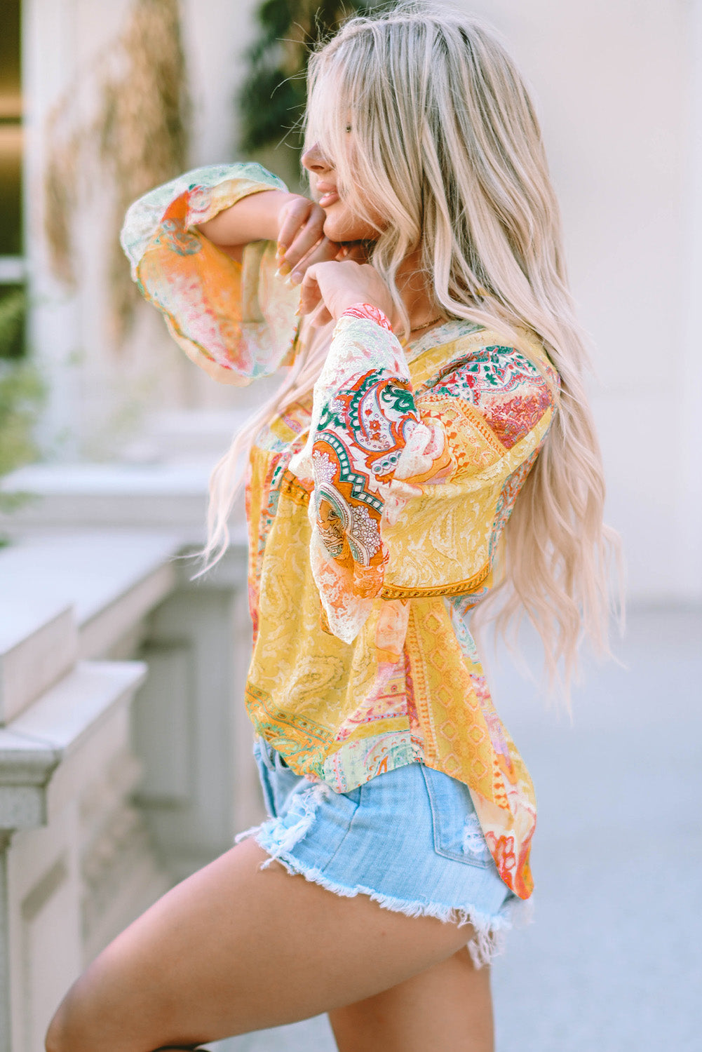 Vintage Map Print V-Neck Long Sleeve Blouse with Casual Flair