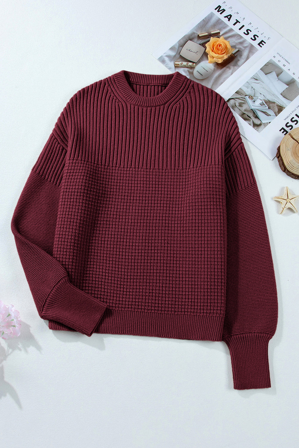 Burgundy Solid Color Mixed Textured Knitted Crew Neck Sweater