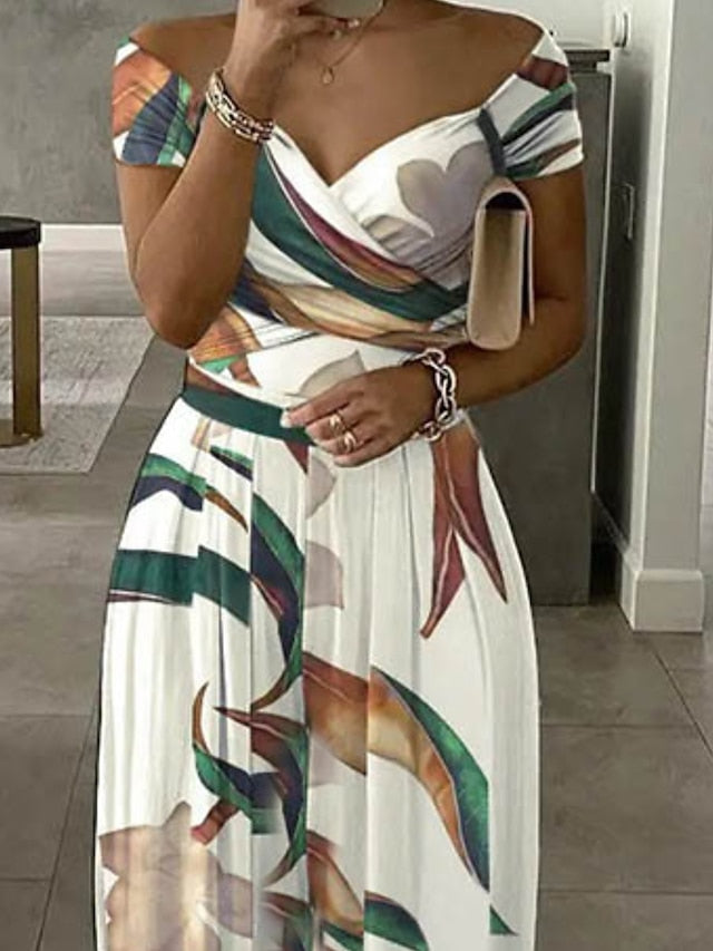 Women's Formal Party Dress Sheath Dress Long Dress Maxi Dress White Short Sleeve Floral Ruched Winter Fall Spring Off Shoulder Stylish Office Wedding Guest 2023 S M L XL XXL 3XL - LuckyFash™