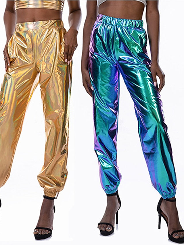 Women's Pants Cargo Pants Loose Pants Hip Hop Dance Costumes Spicy Girls Laser Holographic Shiny 1980s Silver Black Golden Pink Brown - LuckyFash™