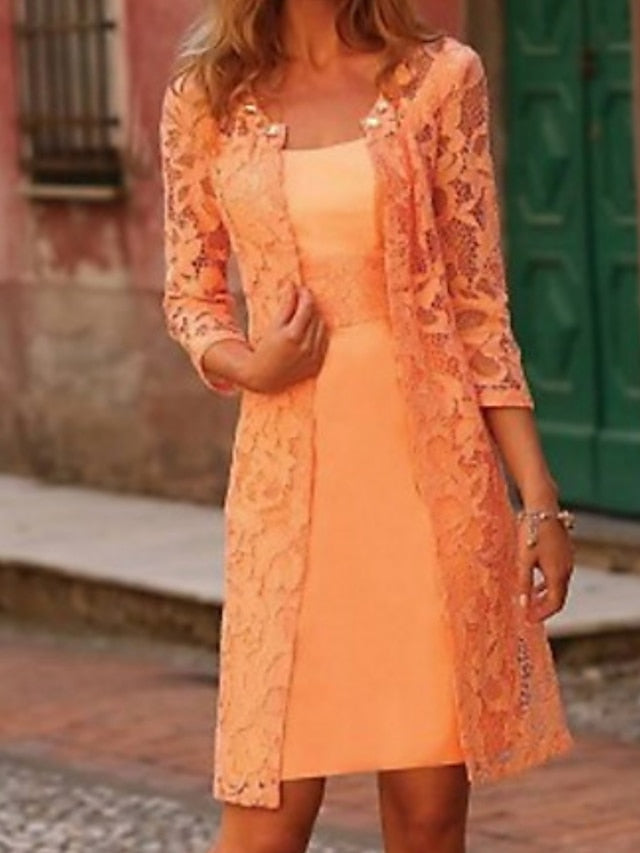 Two Piece A-Line Mother of the Bride Dress Wedding Guest Church Jewel Neck Knee Length Polyester Lace 3/4 Length Sleeve Jacket Dresses with Appliques 2023 - LuckyFash™