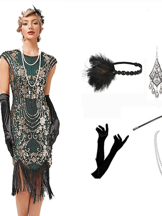 The Great Gatsby Charleston Plus Size Roaring 20s 1920s Cocktail Dress Vintage Dress Flapper Dress Prom Dress Prom Dresses Women's Feather Costume Vintage Cosplay 1 Necklace New Year - LuckyFash™