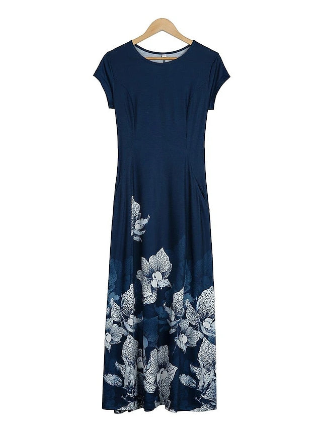 Women's Casual Dress Shift Dress Long Dress Maxi Dress Dark Blue Short Sleeve Floral Pocket Spring Summer Crew Neck Casual 2023 S M L XL XXL XXXL - LuckyFash™