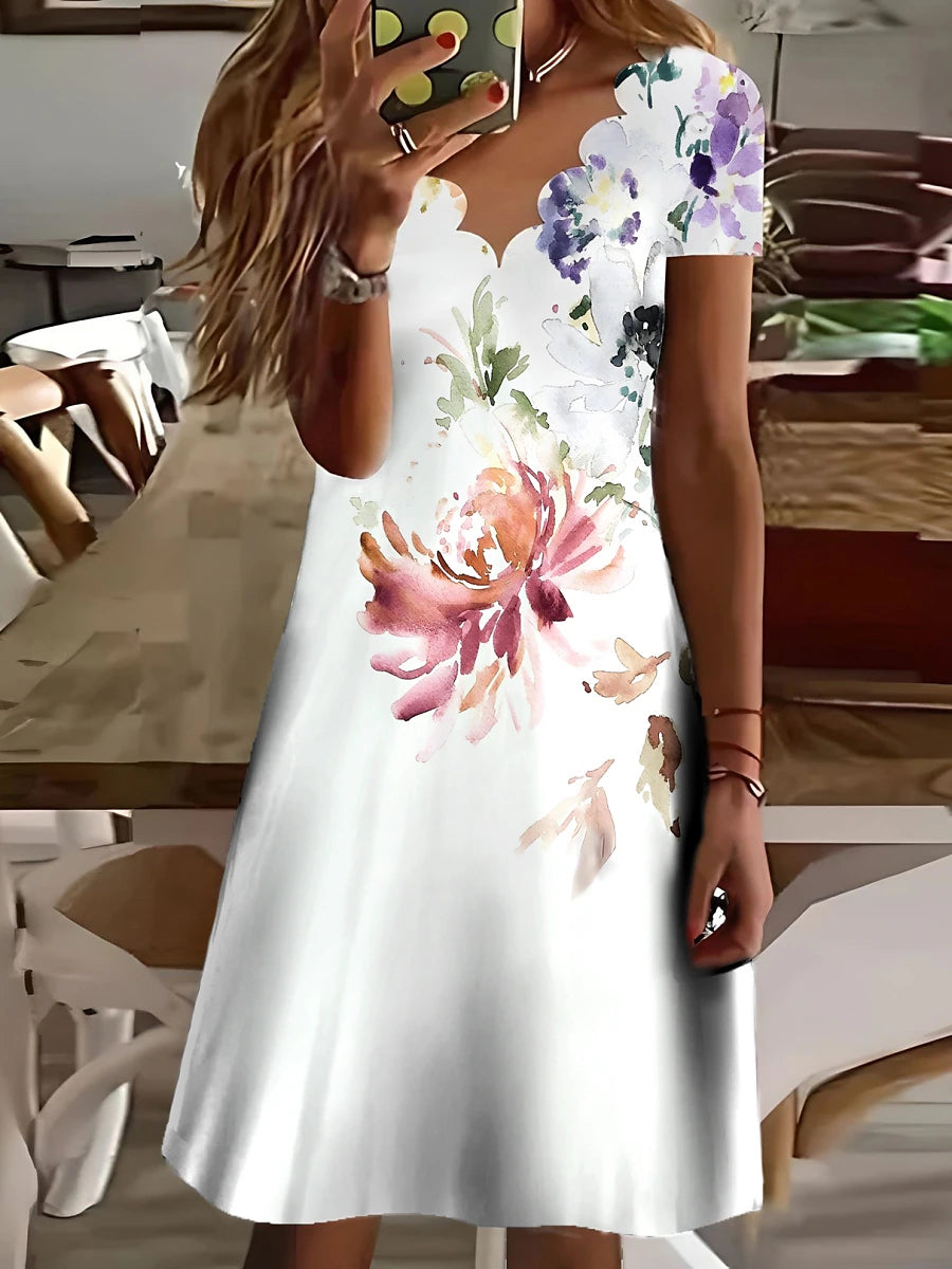 Women's Casual Dress Shift Dress Floral Ruched Print Scalloped Neck Mini Dress Basic Daily Vacation Short Sleeve Summer Spring