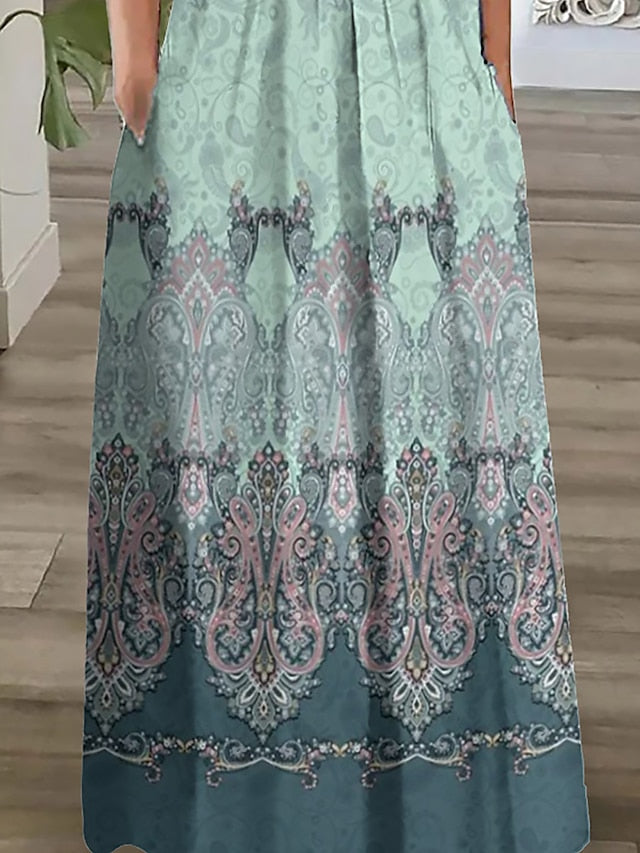 Women's Long Dress Maxi Dress Casual Dress Ethnic Dress A Line Dress Graphic Tribal Romantic Casual Holiday Vacation Weekend Ruched Pocket Short Sleeve Crew Neck Dress Regular Fit Pink Blue Dark Blue - LuckyFash™