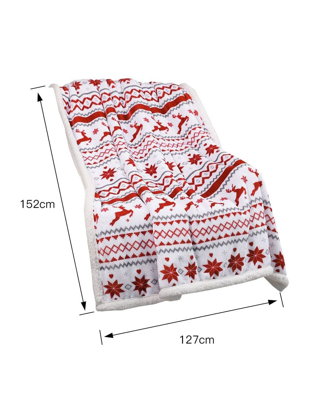 Festive White Reindeer Snowflake Print Sherpa Throw Blanket