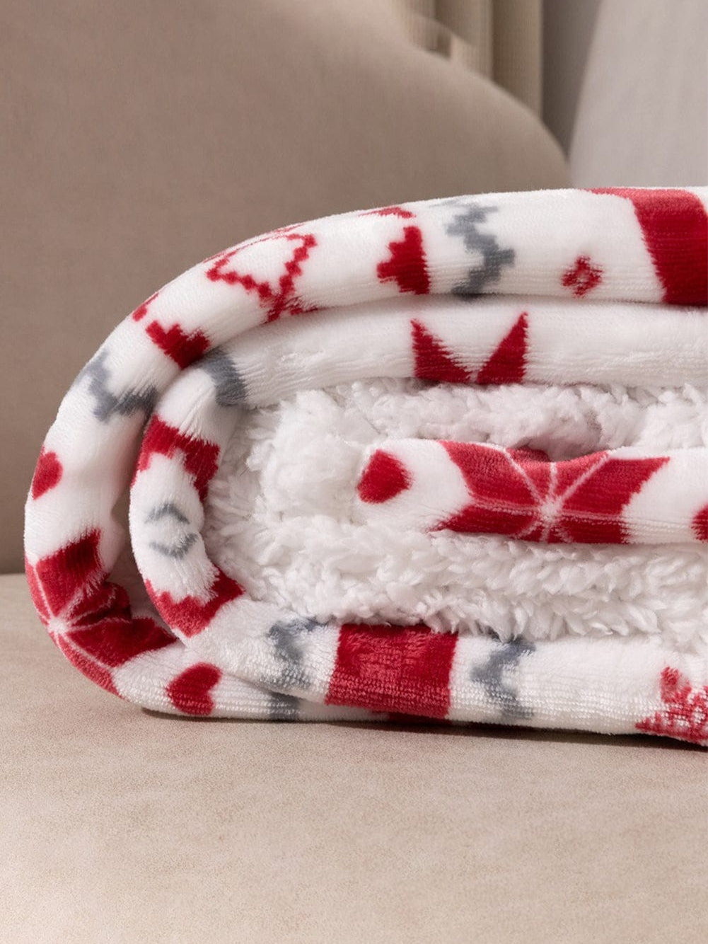 Festive White Reindeer Snowflake Print Sherpa Throw Blanket