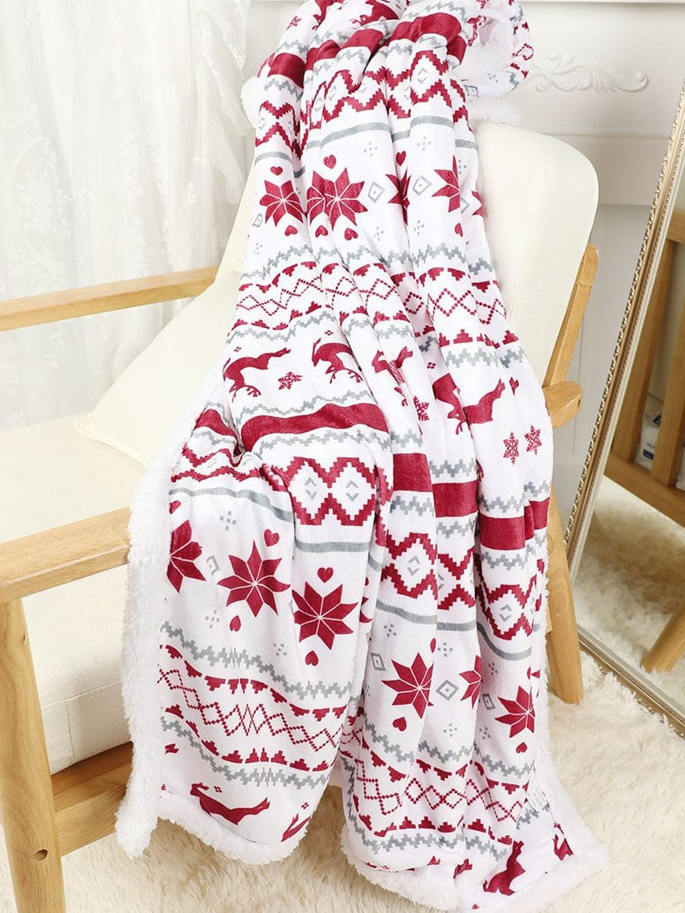 Festive White Reindeer Snowflake Print Sherpa Throw Blanket