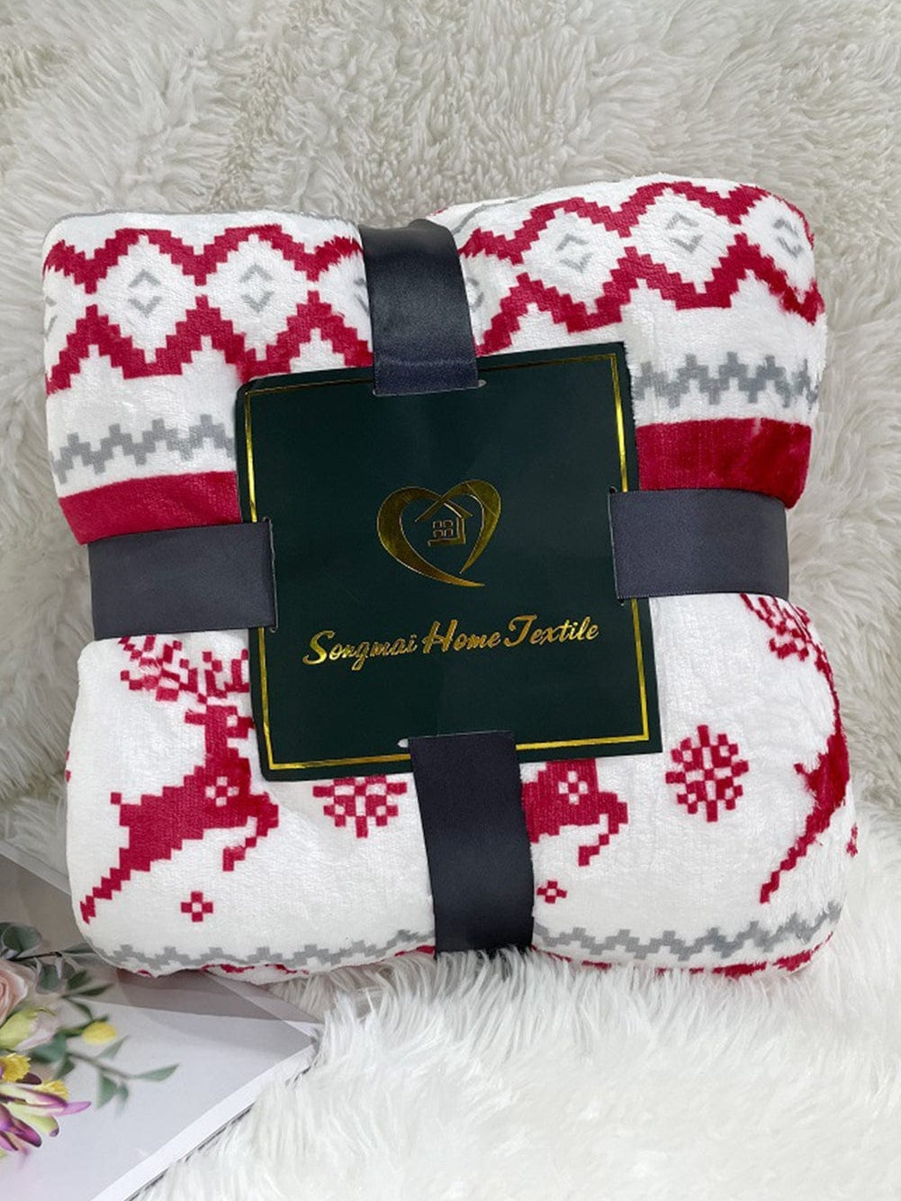 Festive White Reindeer Snowflake Print Sherpa Throw Blanket