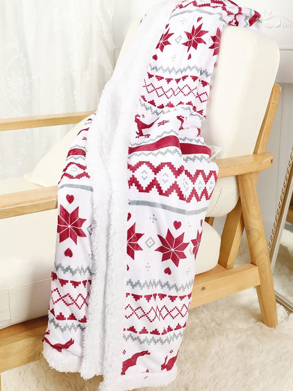 Festive White Reindeer Snowflake Print Sherpa Throw Blanket