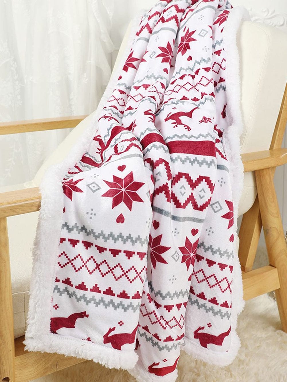 Festive White Reindeer Snowflake Print Sherpa Throw Blanket