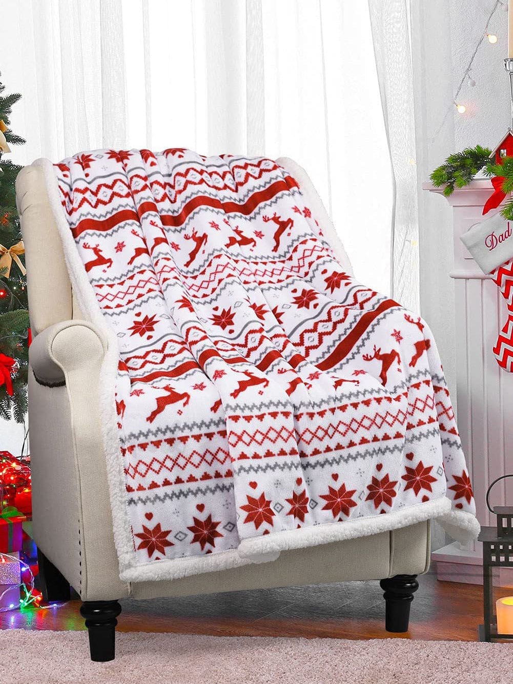 Festive White Reindeer Snowflake Print Sherpa Throw Blanket