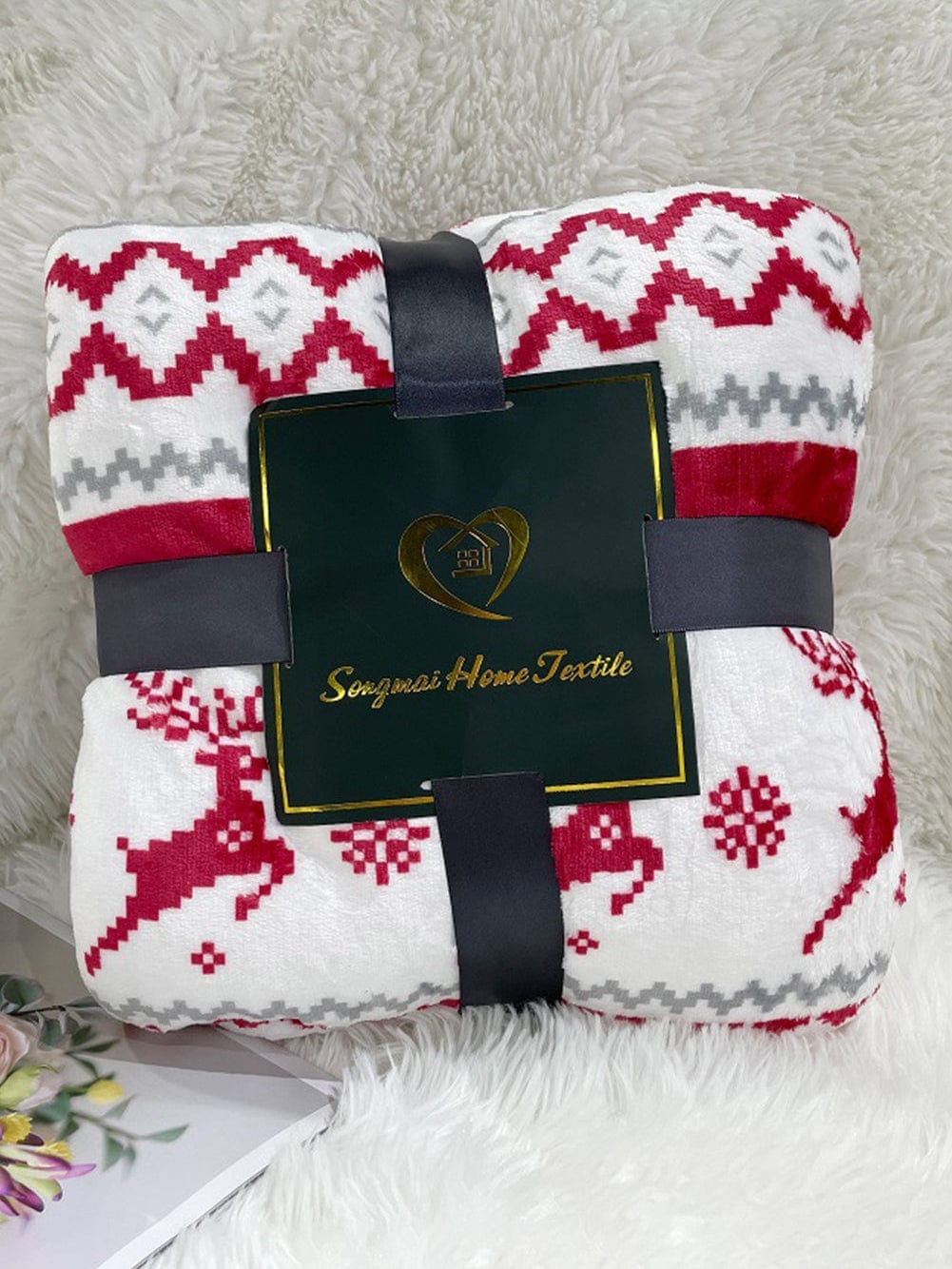 Festive White Reindeer Snowflake Print Sherpa Throw Blanket