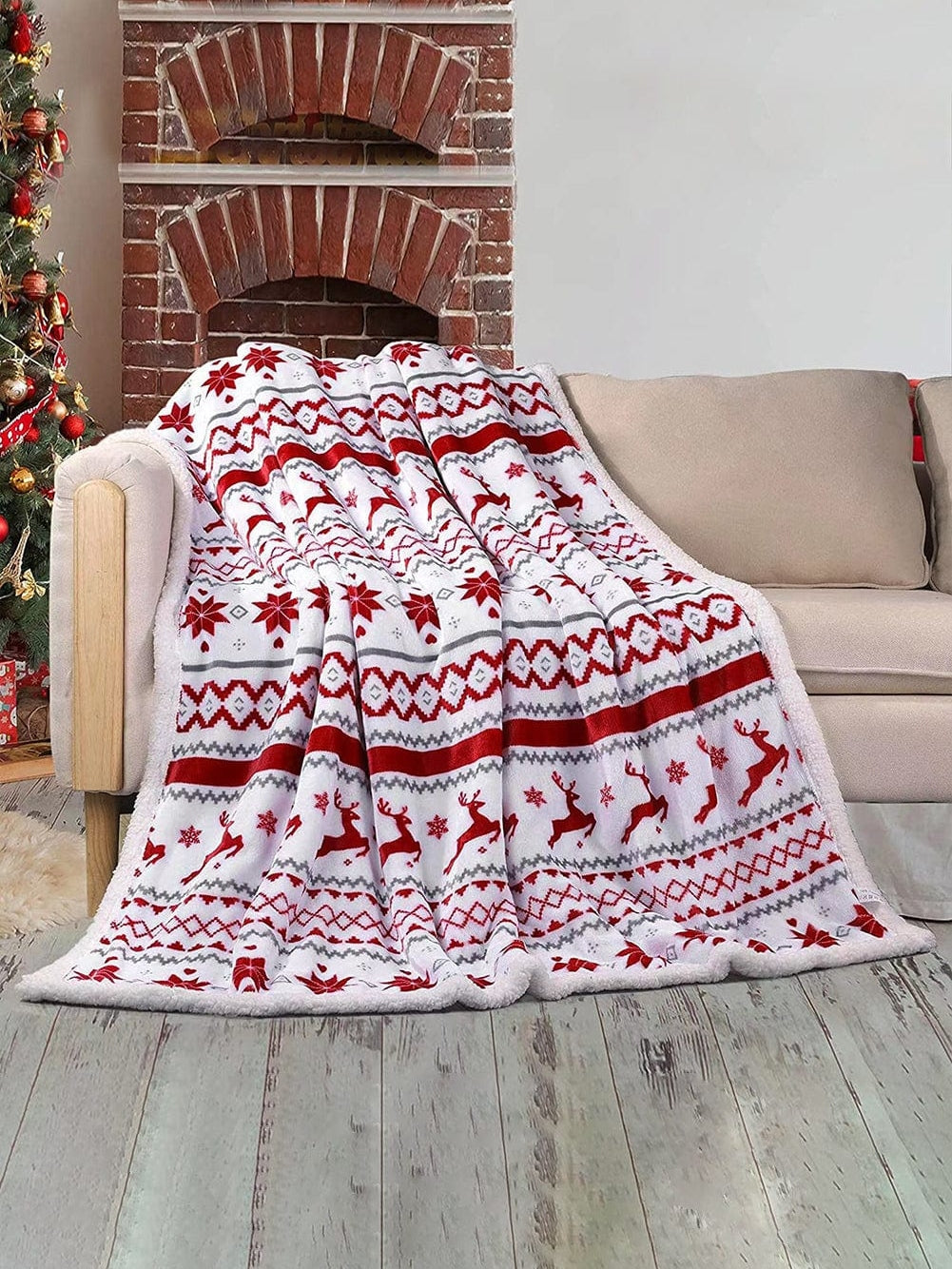 Festive White Reindeer Snowflake Print Sherpa Throw Blanket