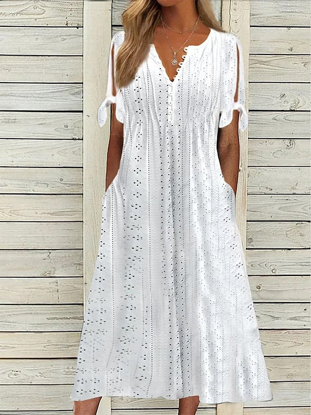 Women's Casual Dress Summer Dress Pleated Dress Plain Lace Ruched V Neck Midi Dress Fashion Elegant Outdoor Daily Short Sleeve Loose Fit White Pink Blue Summer Spring S M L XL XXL - LuckyFash™