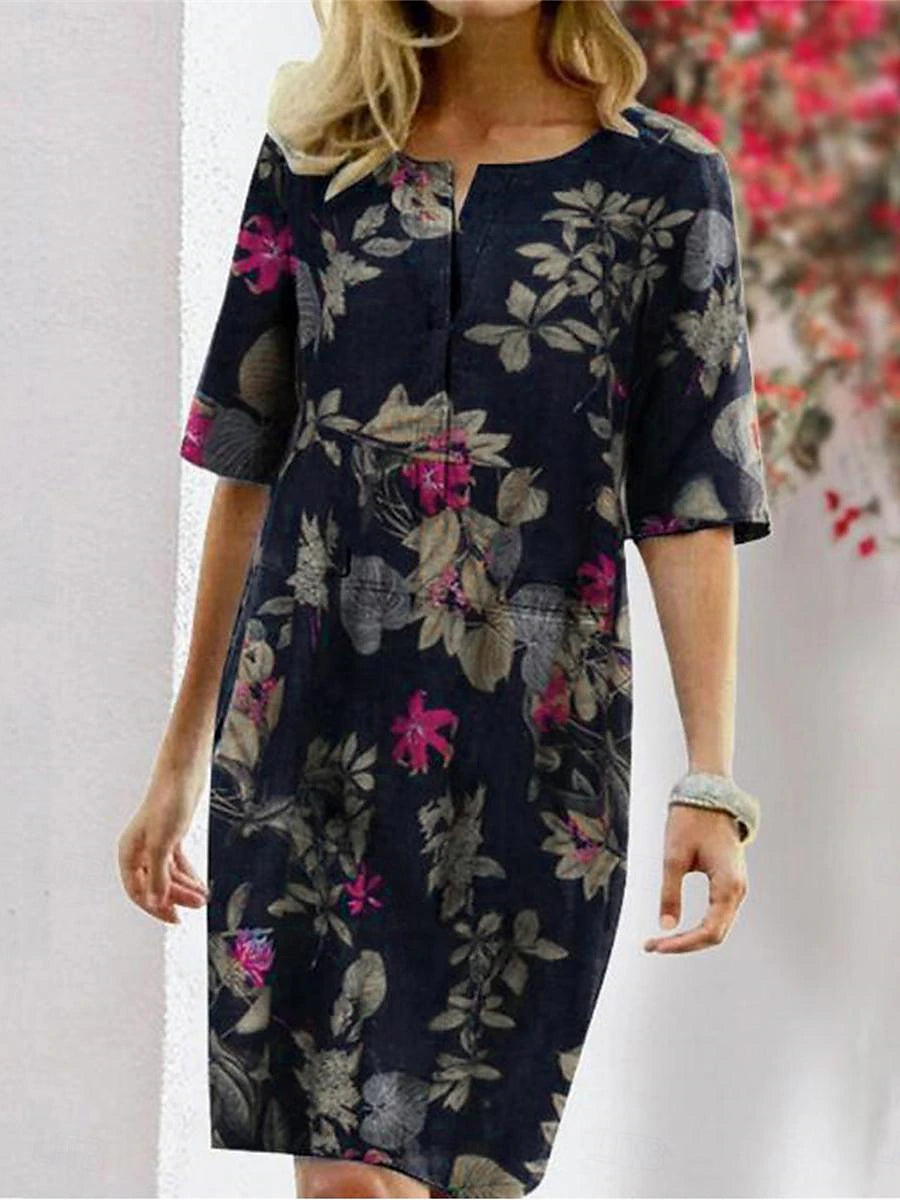 Women's Casual Dress Shift Dress Leaf Print Crew Neck Mini Dress Vacation Short Sleeve Summer
