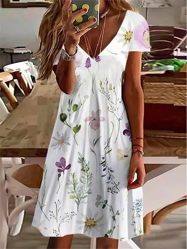 Women's Casual Dress Summer Dress Print Dress Floral Print V Neck Mini Dress Active Fashion Outdoor Daily Short Sleeve Regular Fit Yellow Purple Gray Summer Spring S M L XL XXL - LuckyFash™