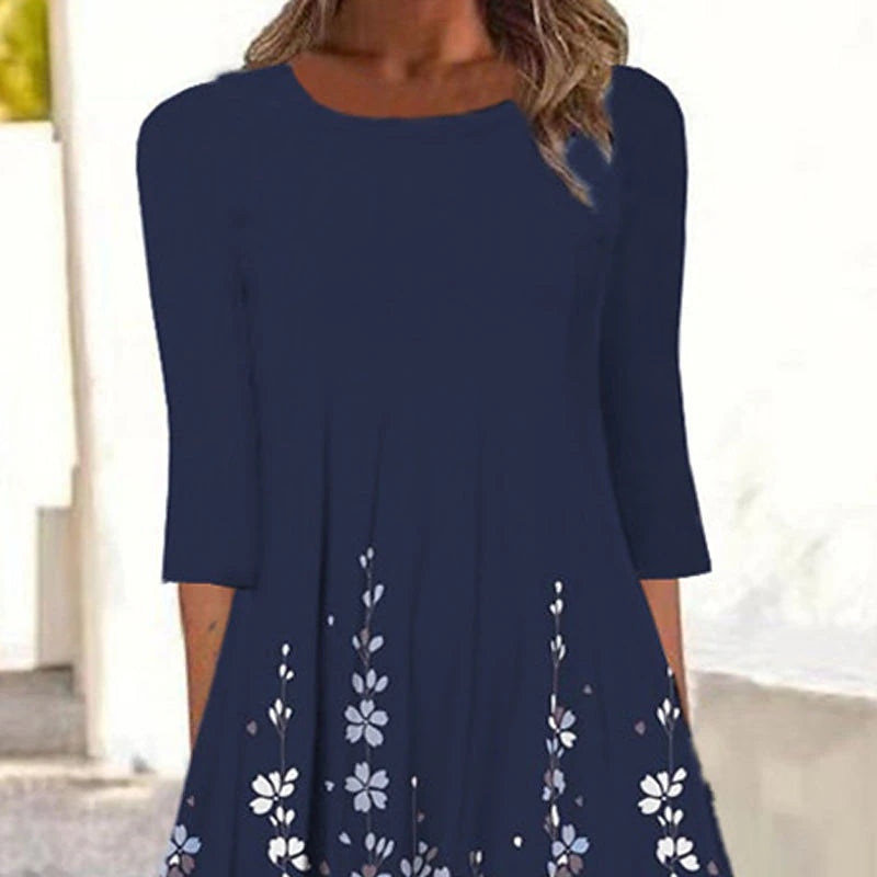 Women's Casual Dress Shift Dress Midi Dress Navy Blue 3/4 Length Sleeve Floral Print Summer Spring Crew Neck Basic Vacation Fall Dress Summer Dress 2023 S M L XL XXL 3XL 4XL 5XL