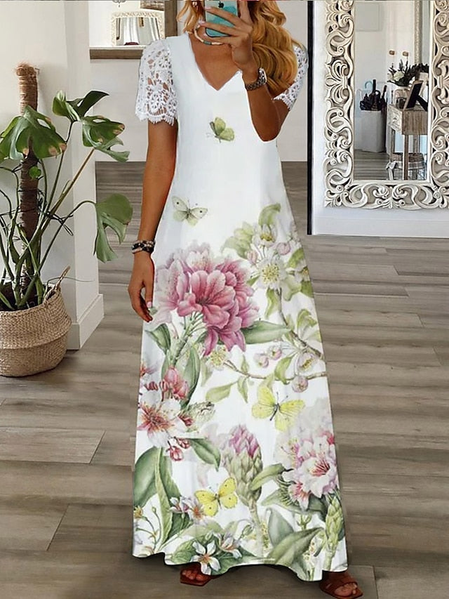 Women's Long Dress Maxi Dress Casual Dress A Line Dress Print Dress Floral Fashion Streetwear Outdoor Daily Vacation Lace Print Short Sleeve V Neck Dress Regular Fit Black White Green Summer Spring S - LuckyFash™