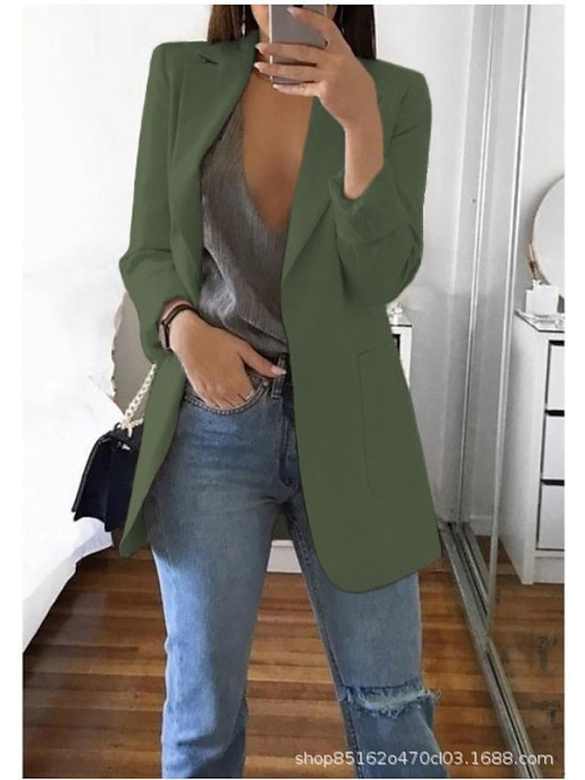 Women's Blazer Casual Pocket Clean Fit Formal Outdoor Daily Wear Polyester Spring Wine Green Black Open Front V Neck Regular Fit S M L XL XXL 3XL / Solid Color - LuckyFash™