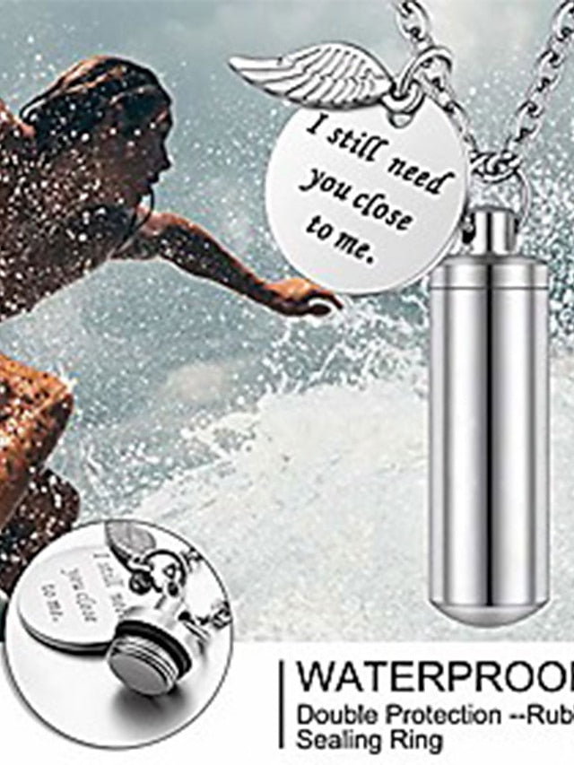 cylinder urn necklace for ashes cremation jewelry/keychain for human pet stainless steel memorial keepsake pendant with angel wing charm ashes jewelry-silver m - LuckyFash™
