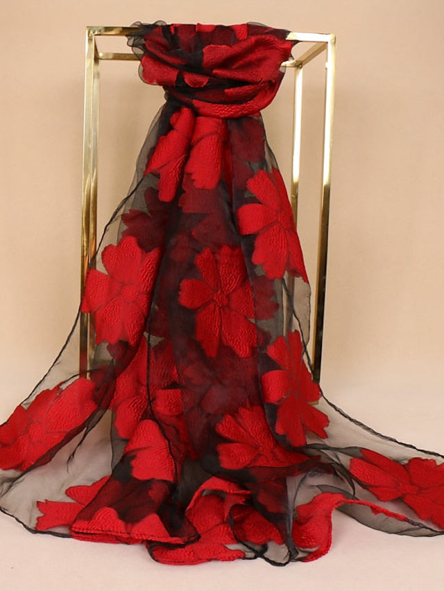 Women's Chiffon Scarf Party Red Scarf Floral Elegant & Luxurious Wedding Casual Green Fall Winter - LuckyFash™