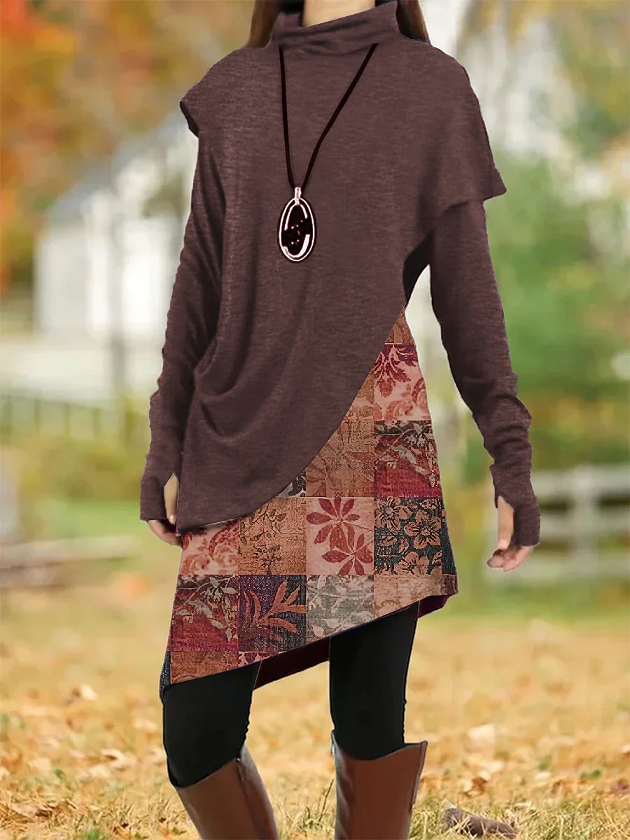 Women's Casual Dress Shift Dress Floral Leaf Patchwork Cowl Neck Mini Dress Vintage Ethnic Daily Long Sleeve Fall Winter