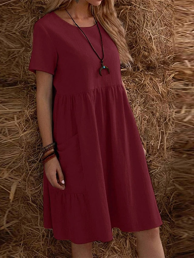 Women's Casual Dress Cotton Linen Dress Maxi long Dress Linen / Cotton Blend Fashion Street Style Daily Date Weekend Crew Neck Ruffle Pocket Short Sleeve Summer 2023 Regular Fit claret Black Yellow - LuckyFash™
