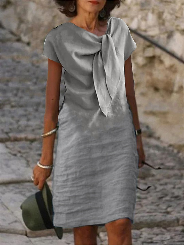 Women's Casual Dress Cotton Dress Shift Dress Midi Dress Cotton Blend Fashion Basic Outdoor Daily Vacation V Neck Lace up Short Sleeve Summer Spring 2023 Loose Fit Black White Blue Plain S M L XL 2XL - LuckyFash™
