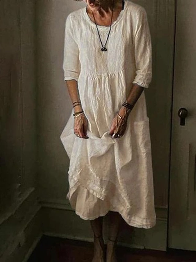 Women's Cotton Linen Dress Casual Dress Maxi long Dress Cotton Basic Casual Outdoor Daily Vacation Crew Neck Pocket Half Sleeve Summer Spring 2023 Loose Fit Black Yellow Blue Plain S M L XL 2XL - LuckyFash™