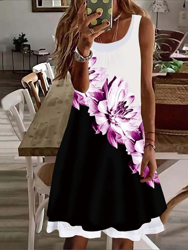 Women's Casual Dress Shift Dress Floral Dress Mini Dress White Pink Red Sleeveless Floral Fake two piece Summer Spring Crew Neck Basic Vacation 2023 S M L XL XXL 3XL 4XL 5XL - LuckyFash™