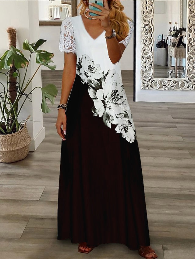 Women's Long Dress Maxi Dress Casual Dress A Line Dress Print Dress Floral Fashion Streetwear Outdoor Daily Vacation Lace Print Short Sleeve V Neck Dress Regular Fit Black White Green Summer Spring S - LuckyFash™