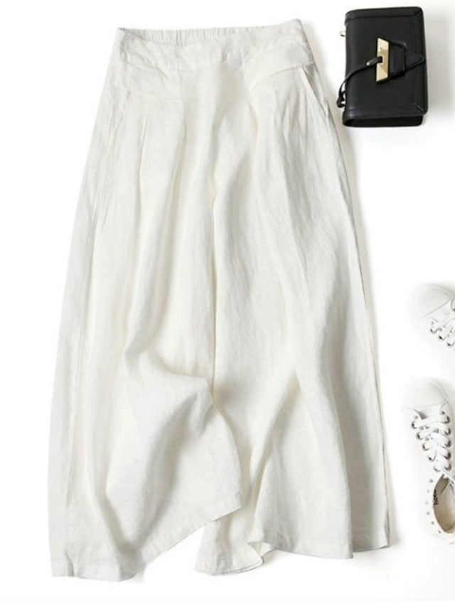 Women's Culottes Wide Leg Pants Trousers 100% Cotton Black White Yellow High Waist Casual Lounge Casual Daily Holiday Pocket Full Length Comfort Plain M L XL XXL 3XL - LuckyFash™