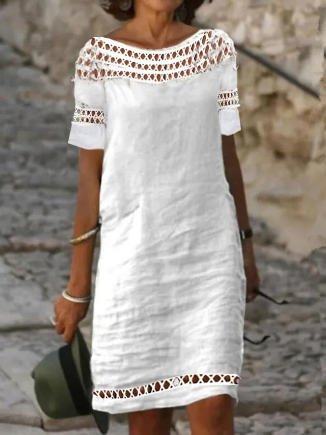 Women's Casual Dress Cotton Linen Dress Shift Dress Midi Dress Cotton Blend Basic Casual Outdoor Daily Boat Neck Patchwork Hollow Out Short Sleeve Summer Spring 2023 Loose Fit White Plain S M L XL 2XL - LuckyFash™