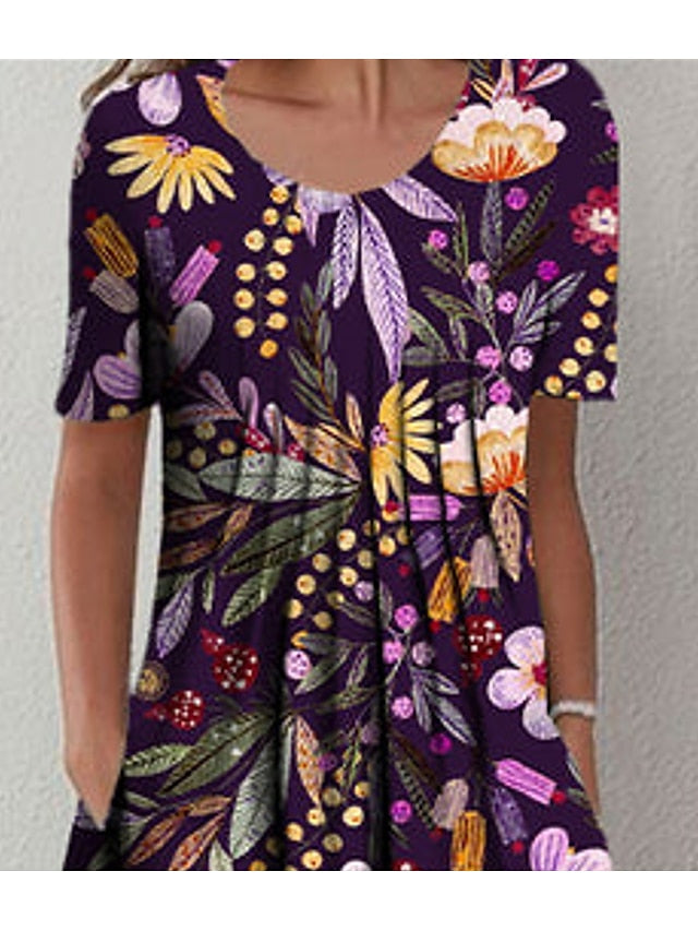 Women's Casual Dress Sheath Dress Summer Dress Floral Pleated Print Crew Neck Mini Dress Fashion Modern Daily Weekend Short Sleeve Regular Fit Black Purple Dark Blue Spring Summer S M L XL XXL - LuckyFash™