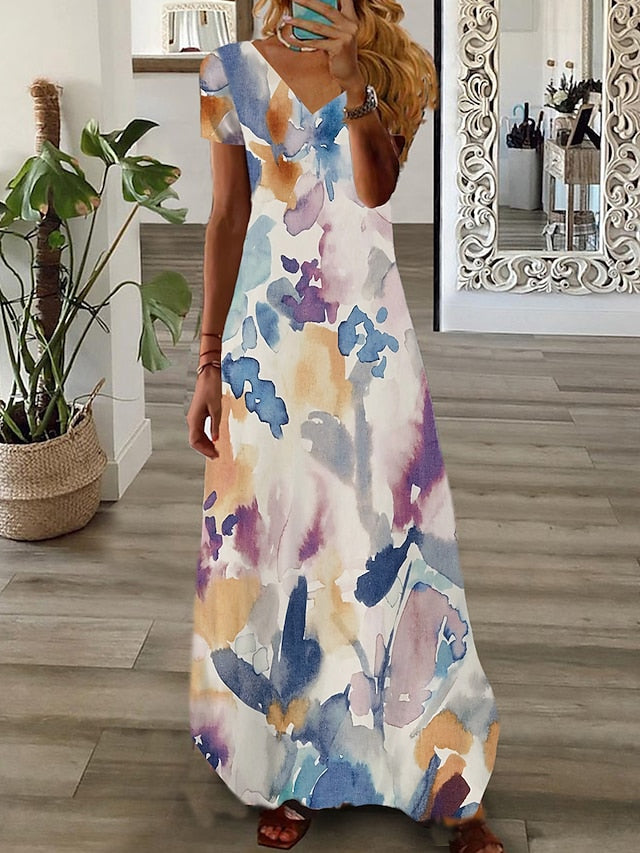 Women's Long Dress Maxi Dress Casual Dress Print Dress Graphic Floral Fashion Modern Daily Holiday Vacation Short Sleeve V Neck Dress Regular Fit White Pink Wine Summer Spring S M L XL 2XL 3XL 4XL 5XL - LuckyFash™
