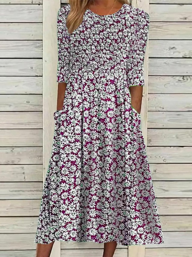 Women's Casual Dress Floral Dress Summer Dress Floral Ruched Pocket Crew Neck Midi Dress Fashion Modern Outdoor Daily Half Sleeve Regular Fit White Blue Green Summer Spring S M L XL XXL - LuckyFash™