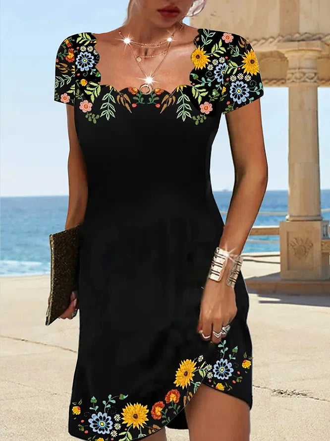 Women's Casual Dress Shift Dress Floral Ruched Print Square Neck Mini Dress Daily Vacation Short Sleeve Summer Spring