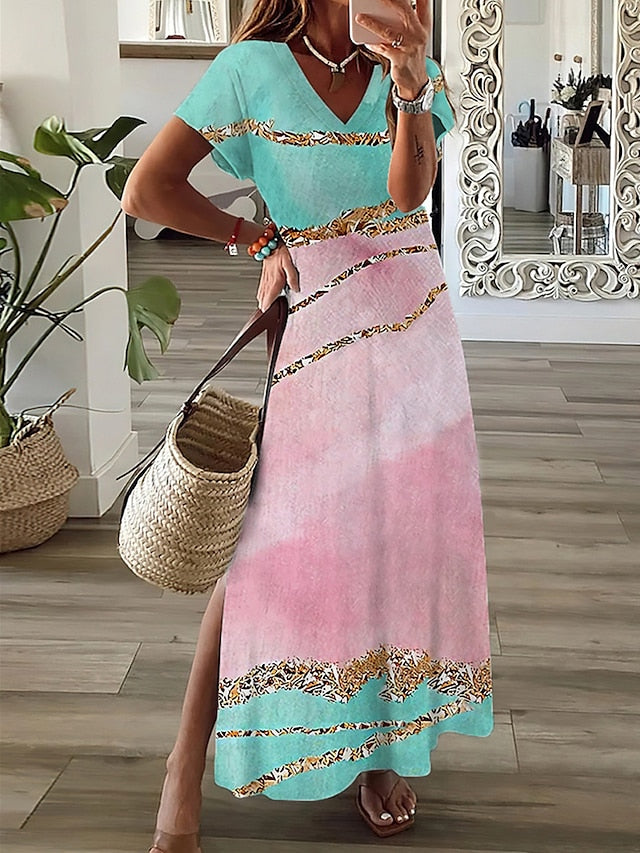 Women's Casual Dress A Line Dress Summer Dress Print Ombre Split Print V Neck Long Dress Maxi Dress Fashion Streetwear Outdoor Daily Short Sleeve Regular Fit Yellow Pink Red Summer Spring S M L XL XXL - LuckyFash™
