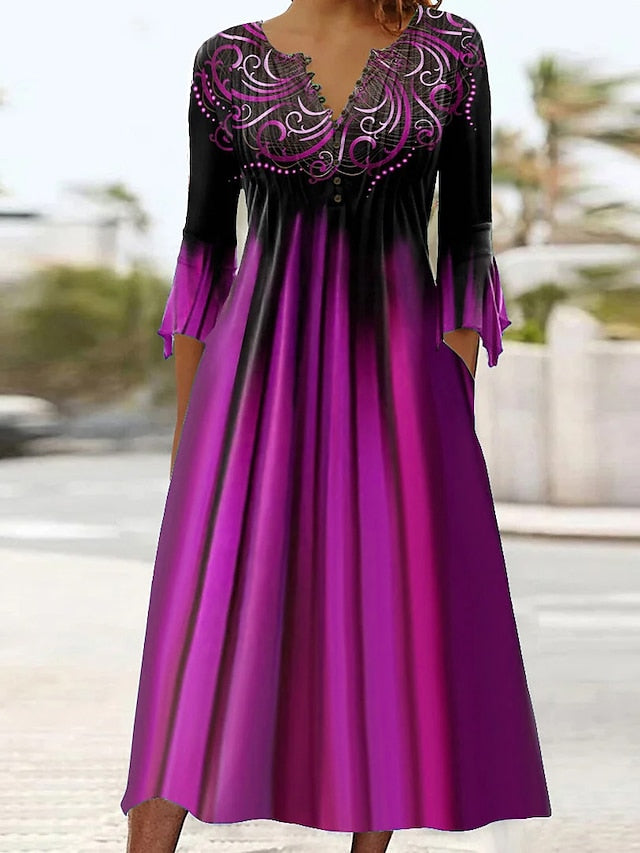 Women's Dress - Casual Dress Summer Dress Print Dress Stripe Ombre Pleated Print V Neck Midi Dress Fashion Classic Outdoor Daily 3/4 Length Sleeve Regular Fit Purple Green Dark Blue Summer Spring S M L XL XXL