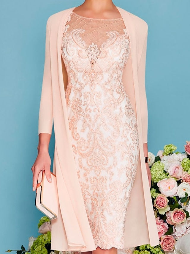Two Piece Sheath / Column Mother of the Bride Dress Formal Church Elegant Jewel Neck Knee Length Chiffon Lace 3/4 Length Sleeve Wrap Included Jacket Dresses with Beading Appliques 2023 - LuckyFash™