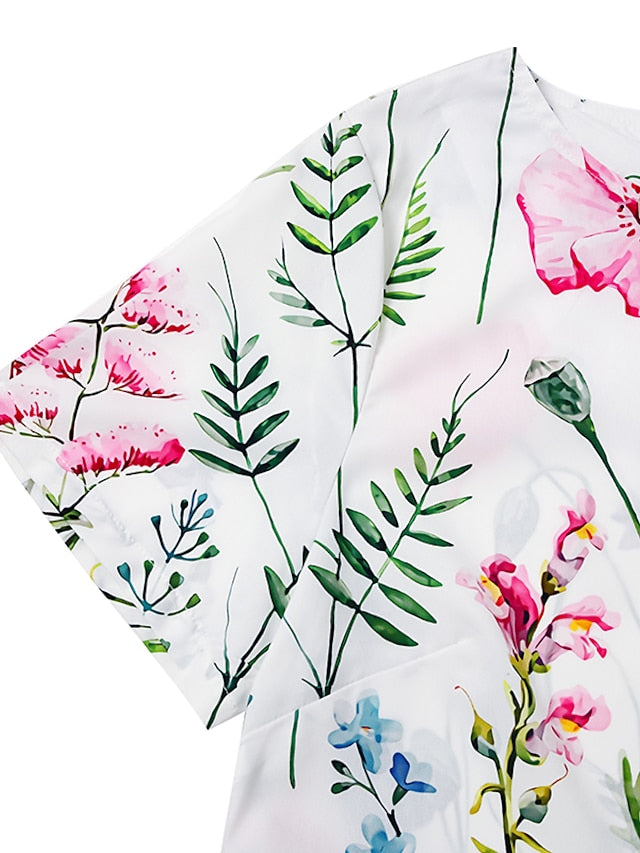 Women's Casual Dress T Shirt Dress Tee Dress Shift Dress Midi Dress White Yellow Pink Short Sleeve Floral Print Summer Spring V Neck Basic Vacation Summer Dress Spring Dress 2023 S M L XL XXL 3XL - LuckyFash™