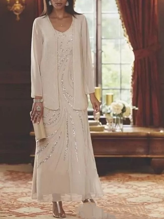 Two Piece Sheath / Column Mother of the Bride Dress Wedding Guest Sparkle & Shine Elegant V Neck Ankle Length Chiffon Sequined Long Sleeve with Sequin 2023 - LuckyFash™