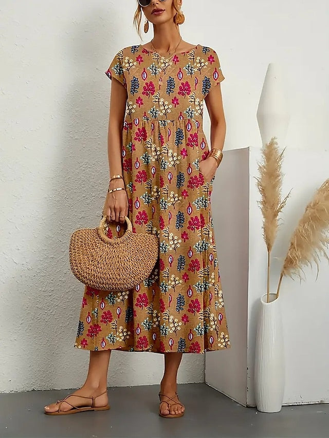 Women's Casual Dress Summer Dress Print Dress Floral Print Crew Neck Long Dress Maxi Dress Fashion Streetwear Outdoor Holiday Short Sleeve Regular Fit Yellow Red Blue Summer Spring S M L XL 2XL - LuckyFash™