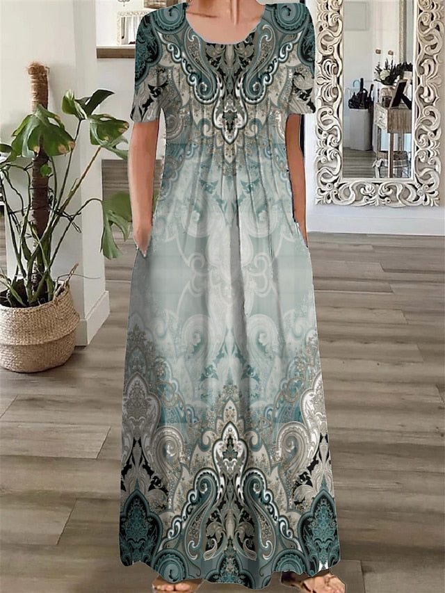 Women's Long Dress Maxi Dress Casual Dress Ethnic Dress A Line Dress Graphic Tribal Romantic Casual Holiday Vacation Weekend Ruched Pocket Short Sleeve Crew Neck Dress Regular Fit Pink Blue Dark Blue - LuckyFash™